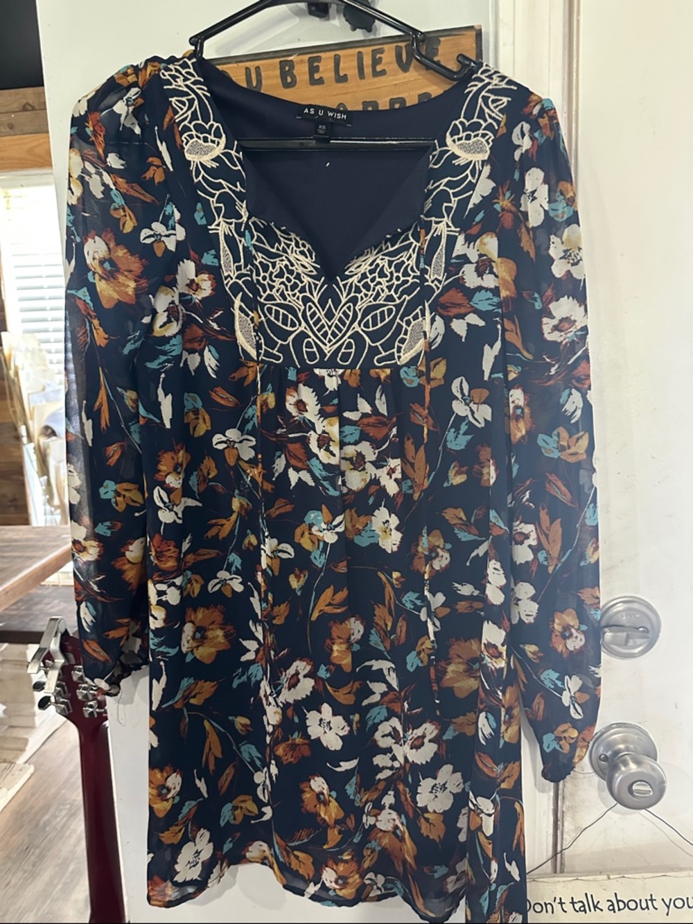 As U Wish Black Floral Tunic with Embroidered Yoke